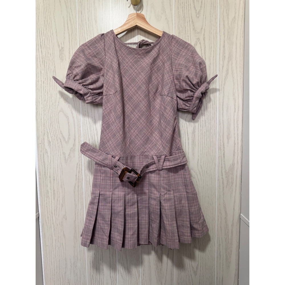 Free People Mauve Plaid Puff Sleeve Open Back Pleated Mini Dress with Belt XS - Picture 4 of 11
